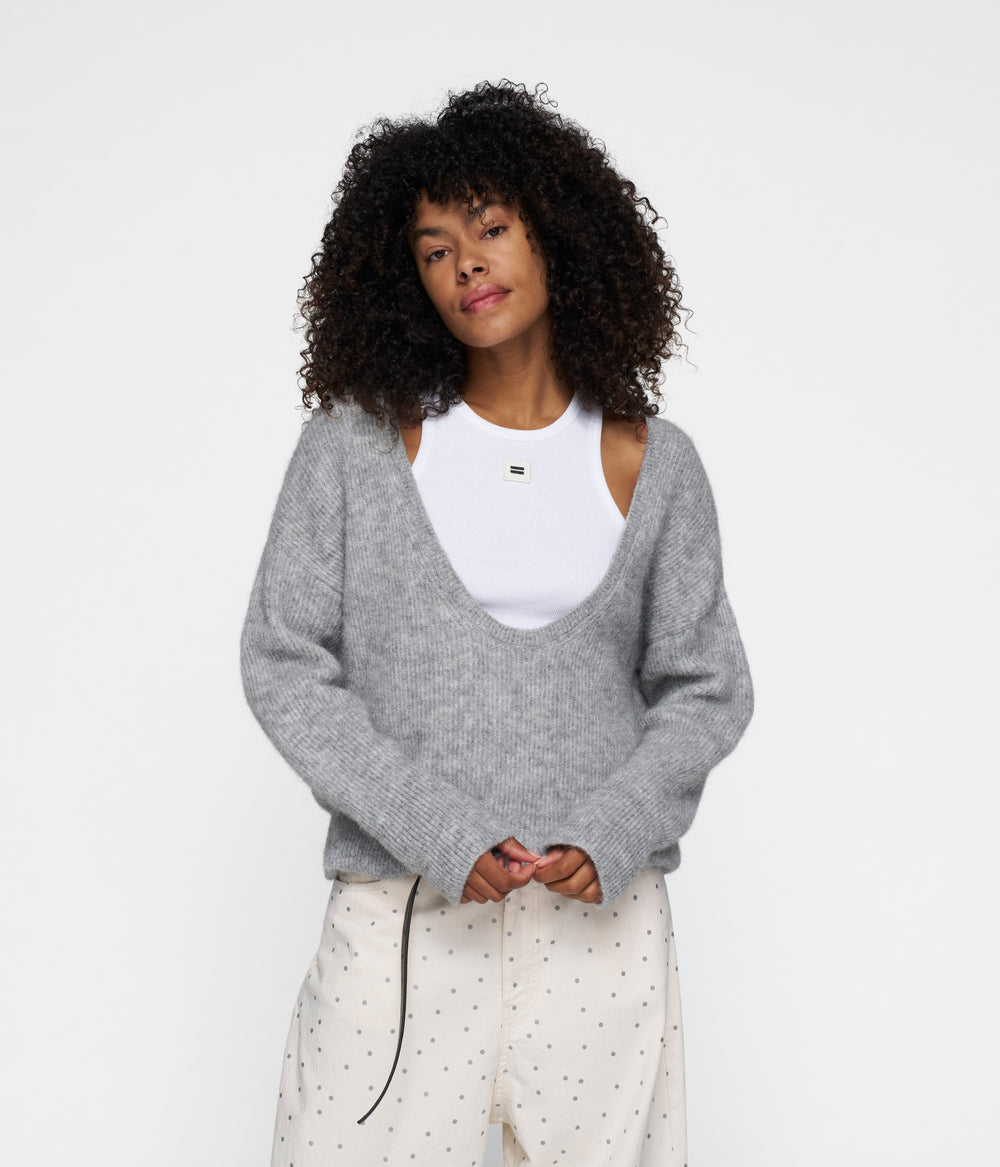 deep neck knit sweater | light grey melee