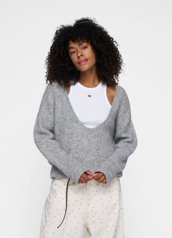 deep neck knit sweater | light grey melee