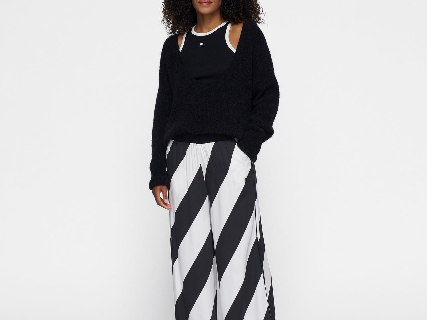 wide leg pants satin stripes | ecru/black