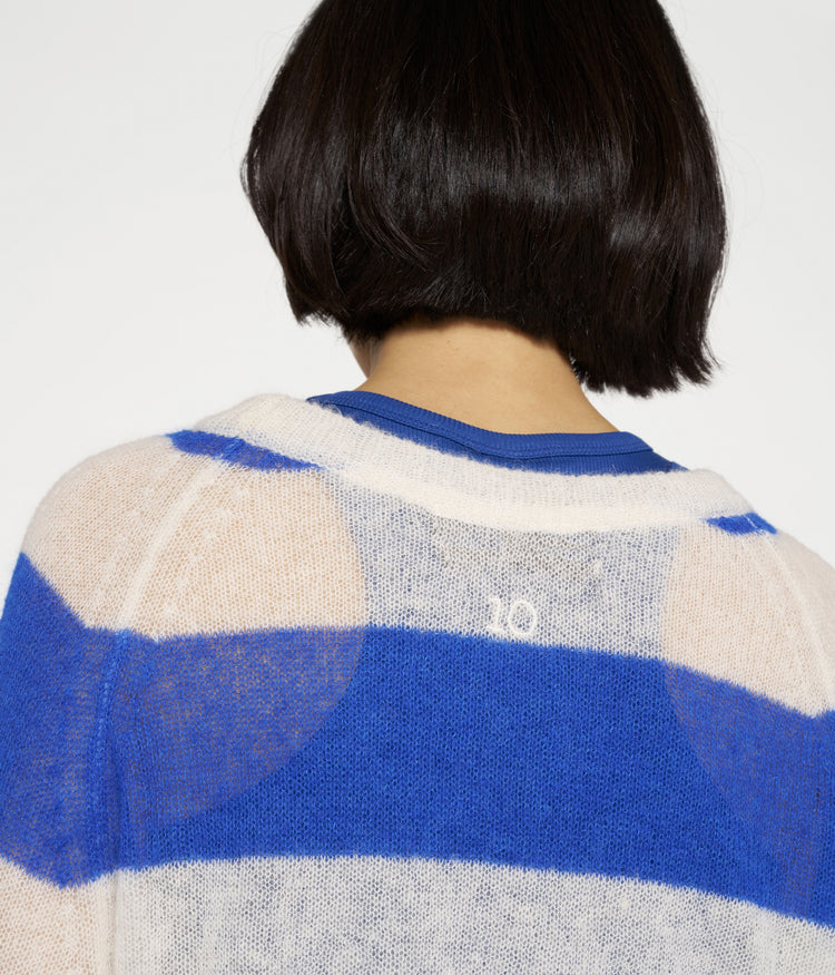 thin knit sweater stripes | ecru/true blue