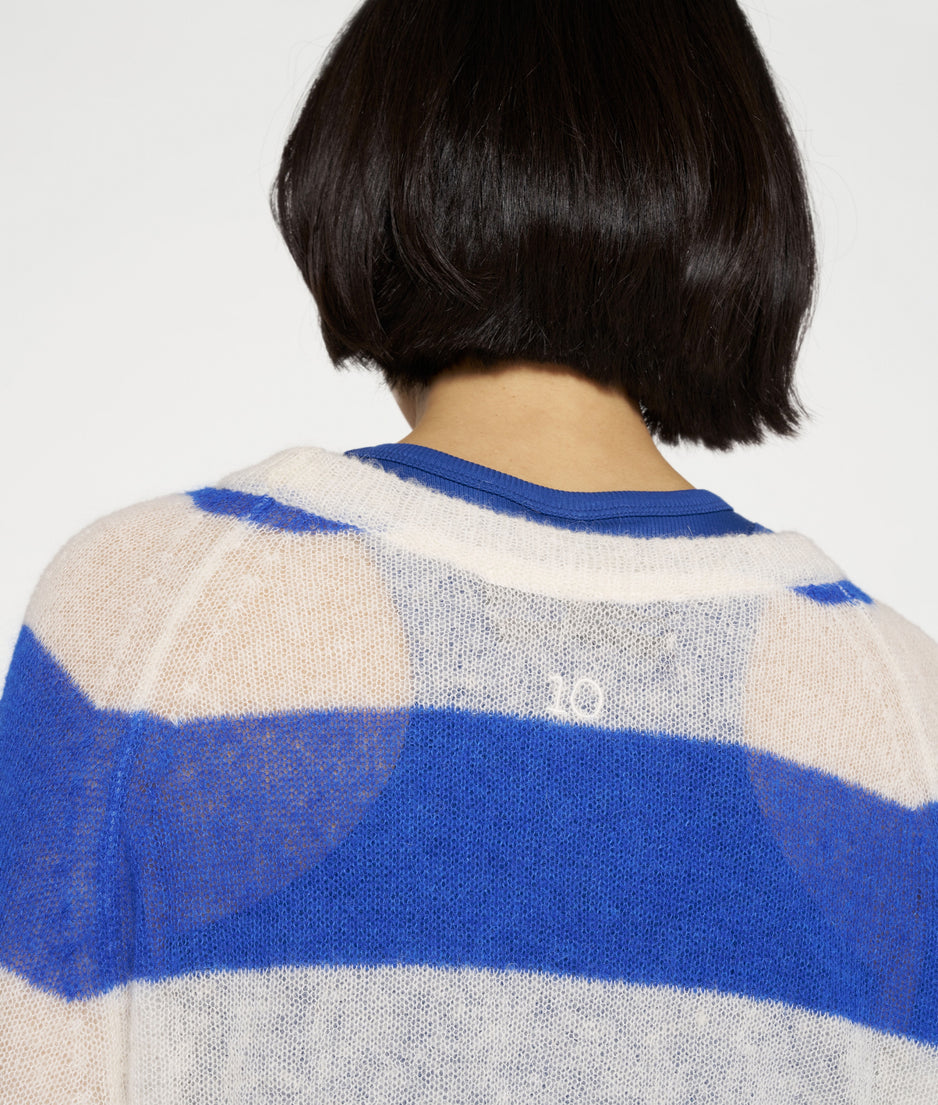 thin knit sweater stripes | ecru/true blue