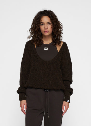 deep neck knit sweater | chocolate