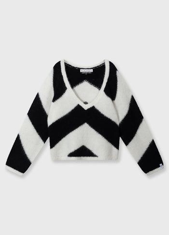 soft v-neck sweater stripe | ecru/black