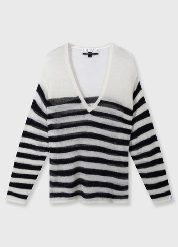 v-neck knit sweater stripes | ecru/black