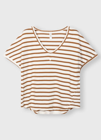 v-neck tee stripes | ecru/cedar brown