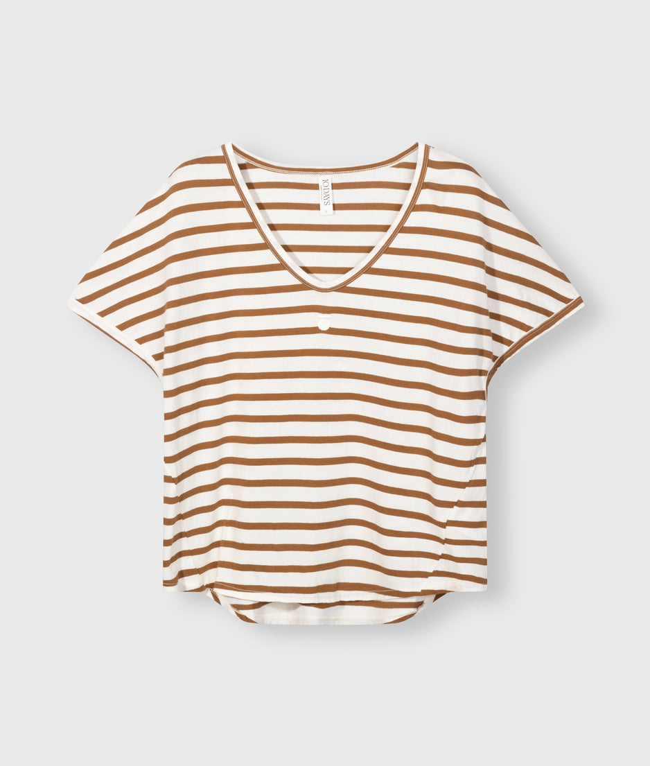 v-neck tee stripes | ecru/cedar brown