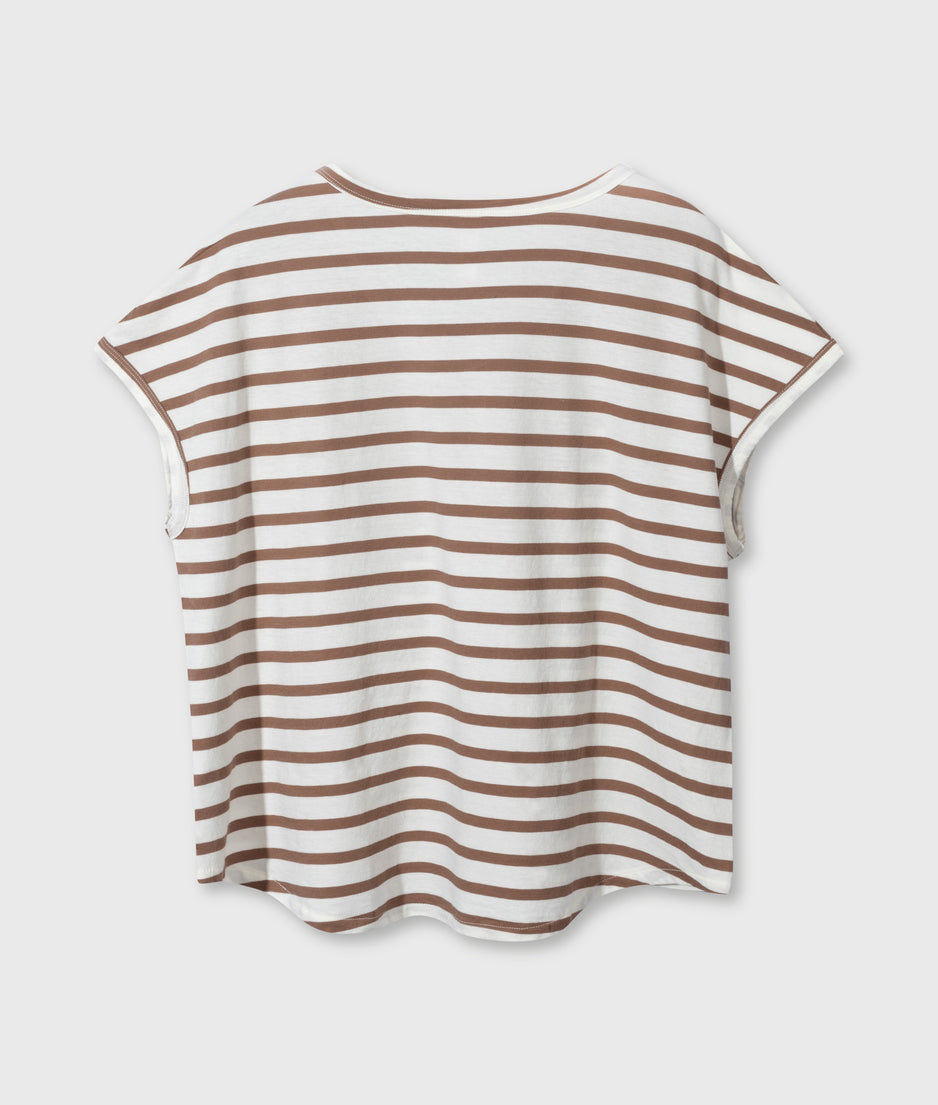 v-neck tee stripes | ecru/fudge