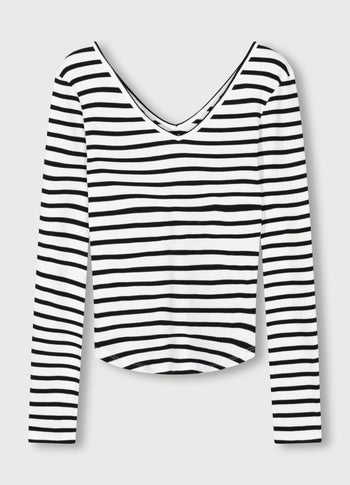 v-neck long sleeve ballet top stripes | ecru/black