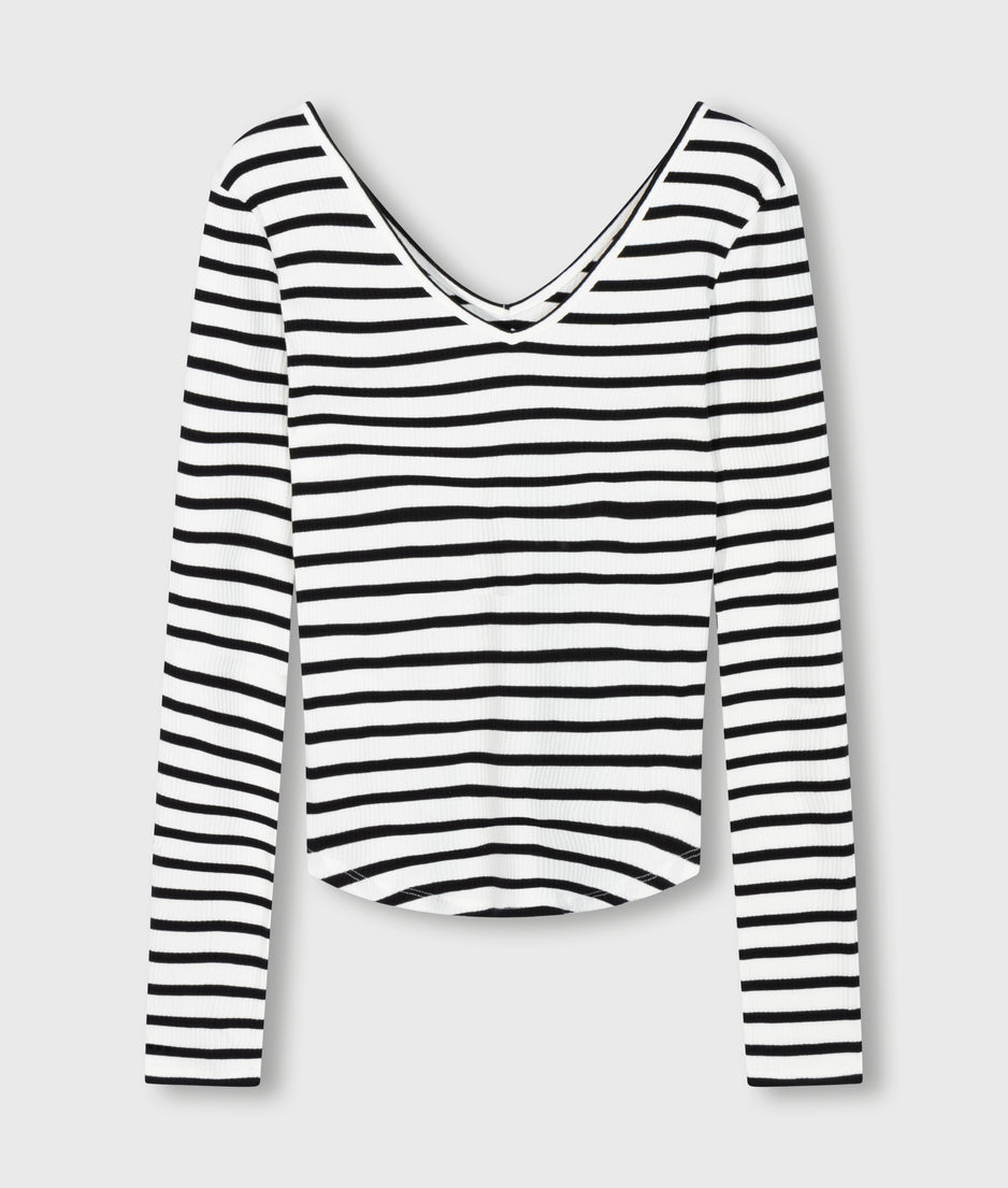 v-neck long sleeve ballet top stripes | ecru/black