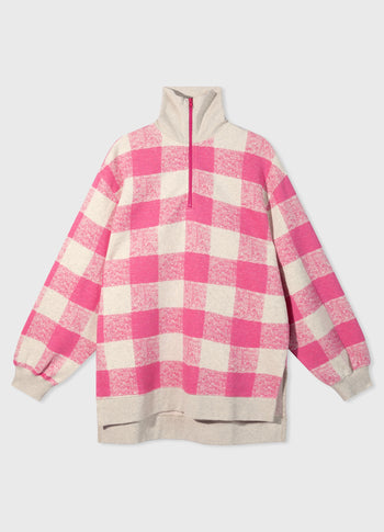 high neck zip sweater check | bright pink