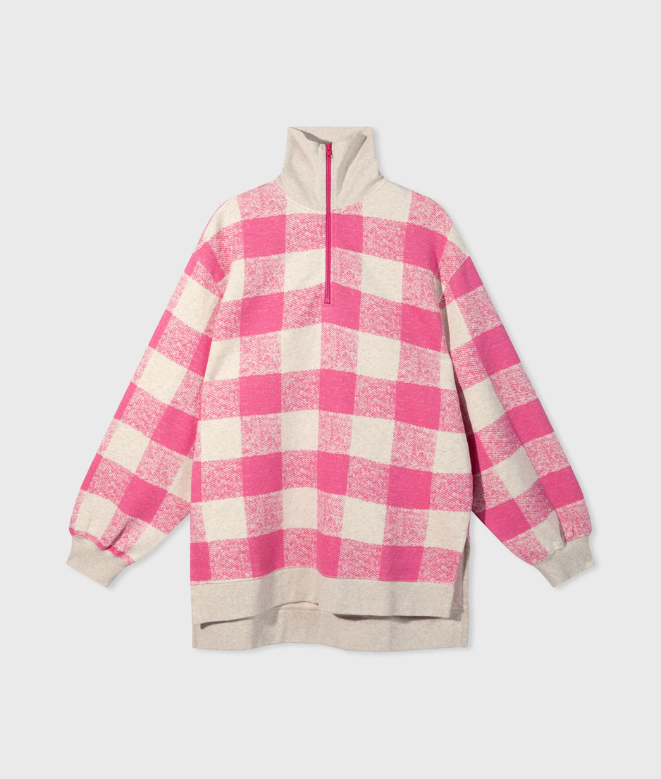 high neck zip sweater check | bright pink