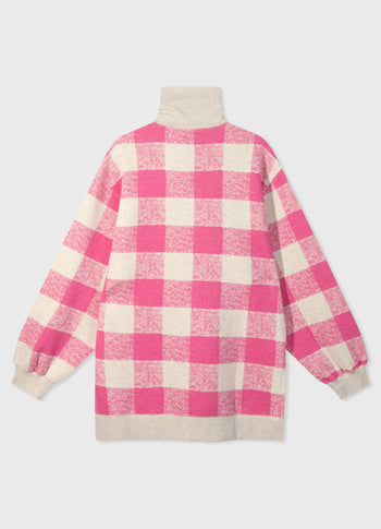 high neck zip sweater check | bright pink