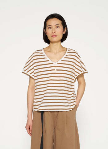 v-neck tee stripes | ecru/cedar brown