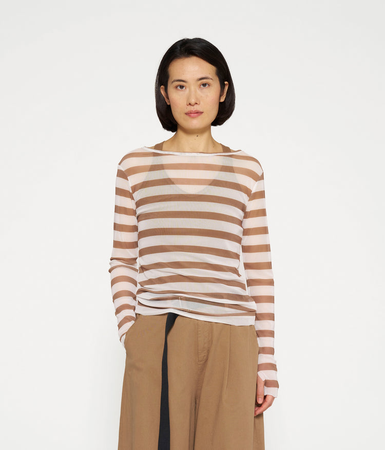 mesh tee stripe | ecru/cedar brown