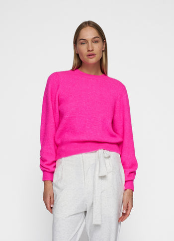 puffed sleeves knit sweater | neon pink