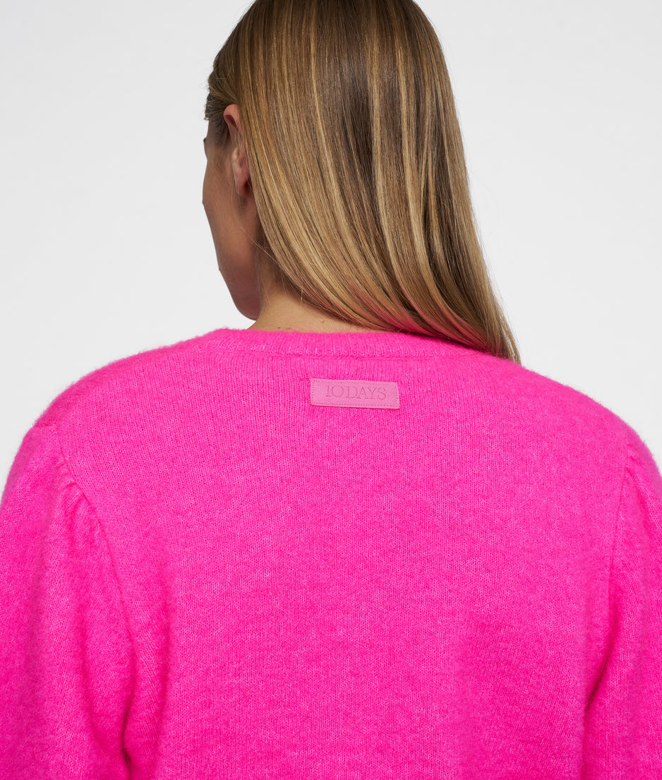 puffed sleeves knit sweater | neon pink