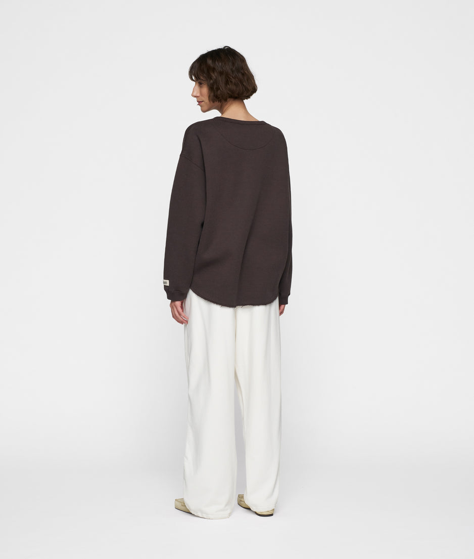 raw edge statement sweater | chocolate