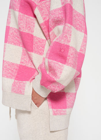 high neck zip sweater check | bright pink