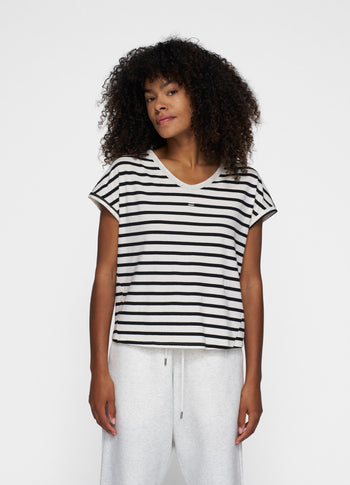 v-neck tee stripes | ecru/black