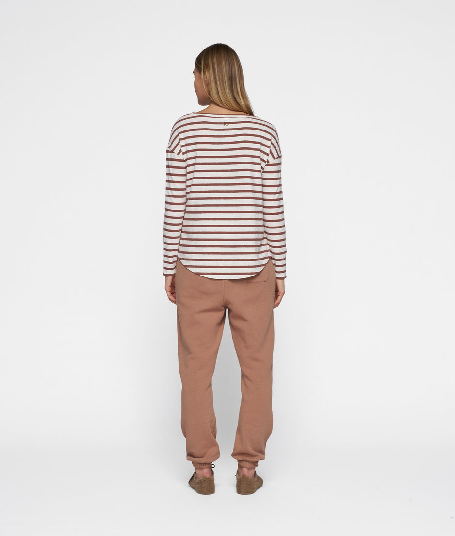 long sleeve tee linen stripes | ecru/fudge