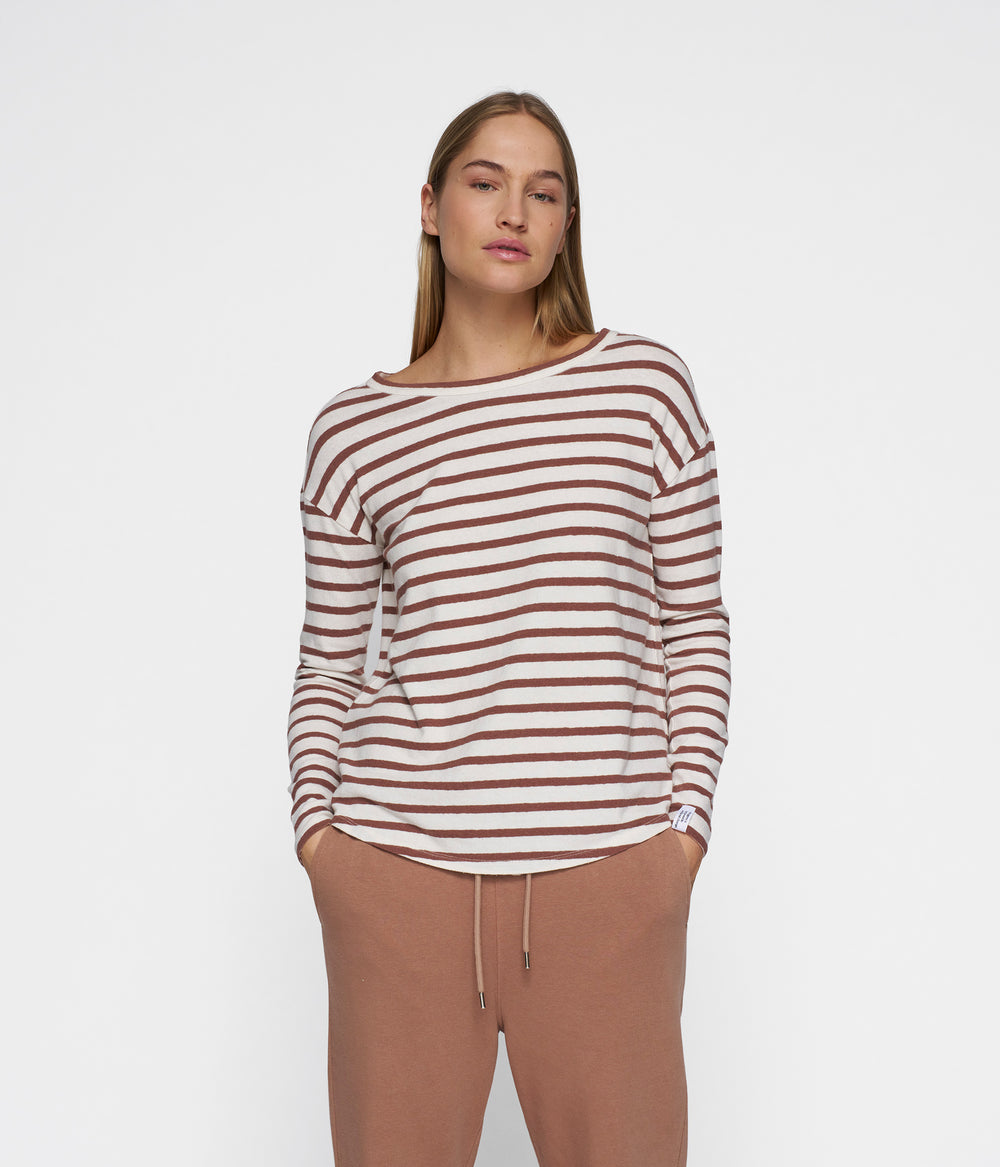 long sleeve tee linen stripes | ecru/fudge