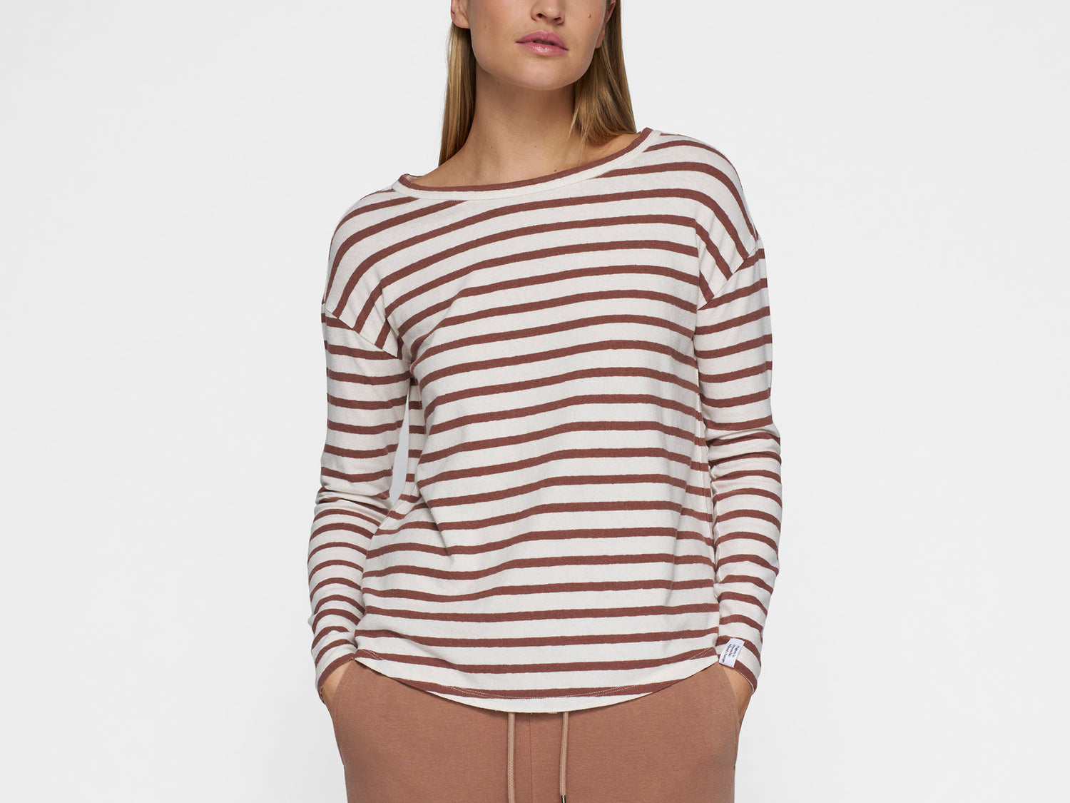 long sleeve tee linen stripes | ecru/fudge