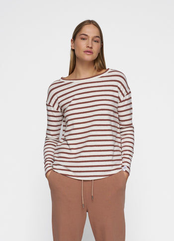 long sleeve tee linen stripes | ecru/fudge