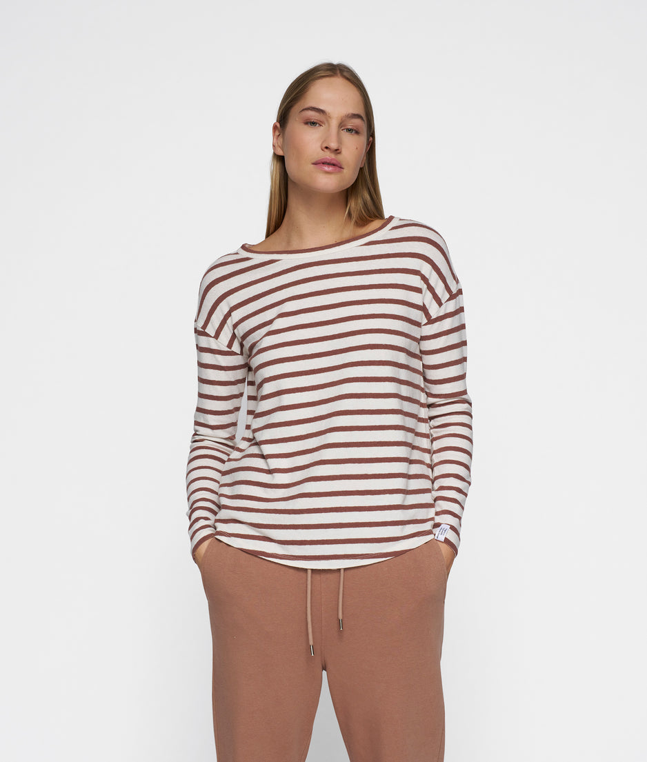 long sleeve tee linen stripes | ecru/fudge