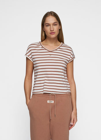 v-neck tee stripes | ecru/fudge