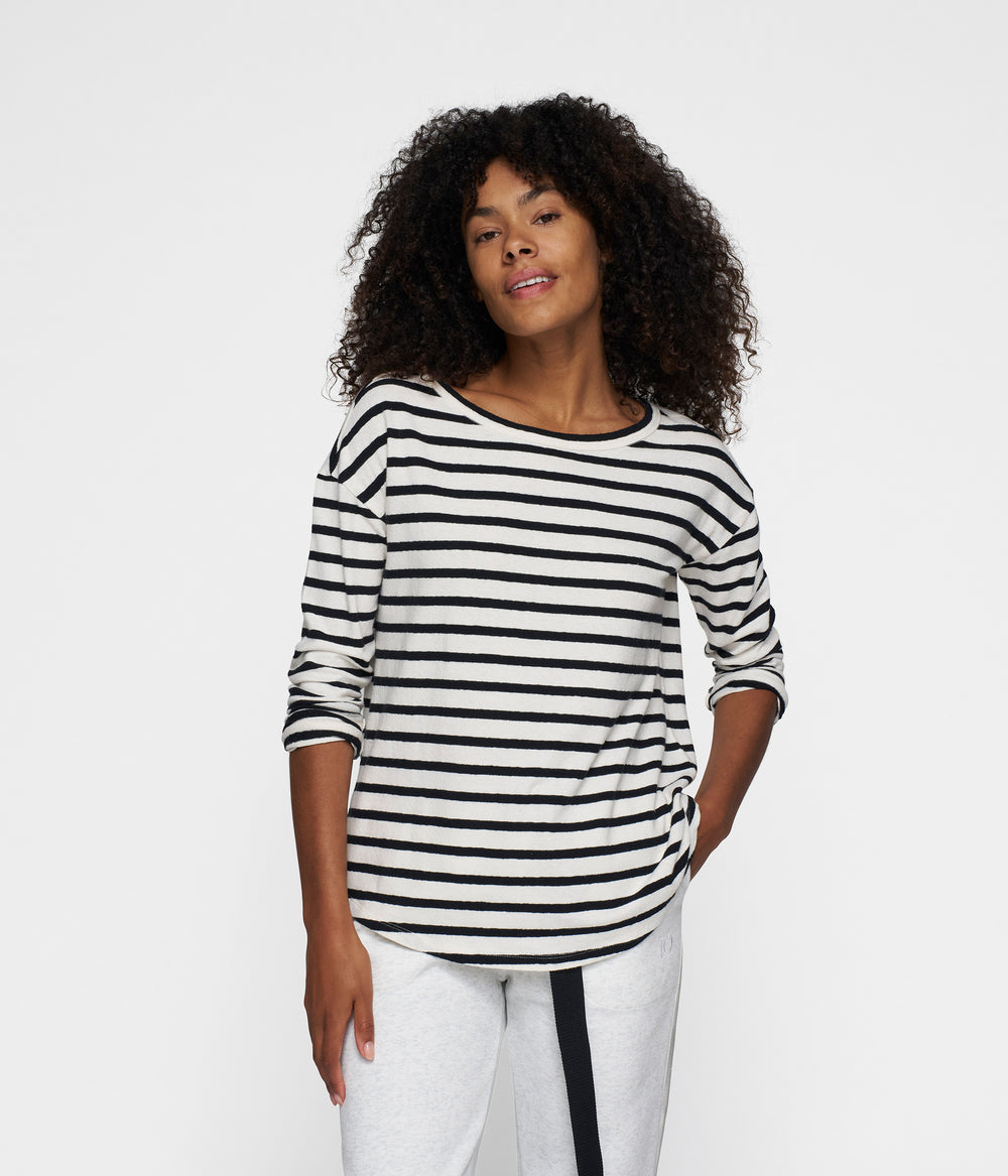 long sleeve tee linen stripes | ecru/black