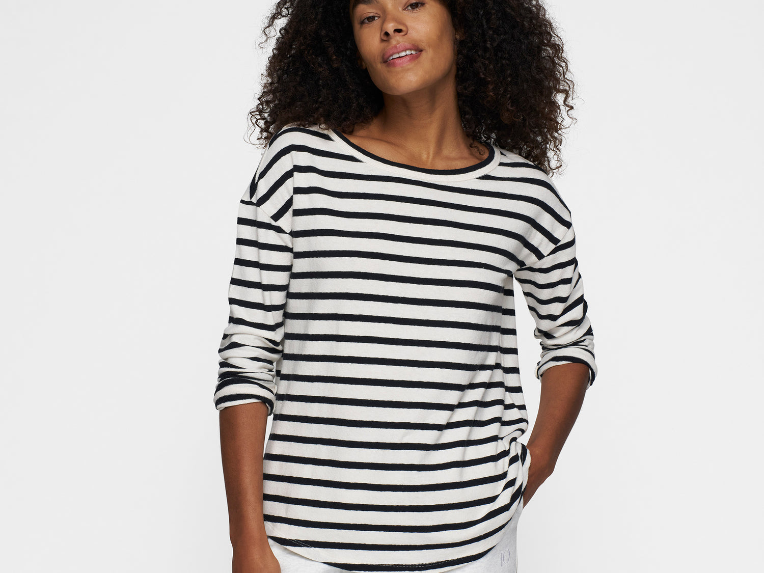 long sleeve tee linen stripes | ecru/black