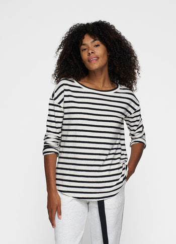 long sleeve tee linen stripes | ecru/black